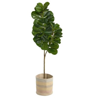 5.5-Foot Fiddle Leaf Fig Artificial Tree in Handmade Natural Cotton Multicolored Woven Planter