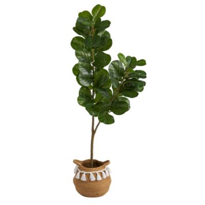 4.5-Foot Fiddle Leaf Fig Artificial Tree with Boho Chic Handmade Natural Cotton Woven Planter with Tassels