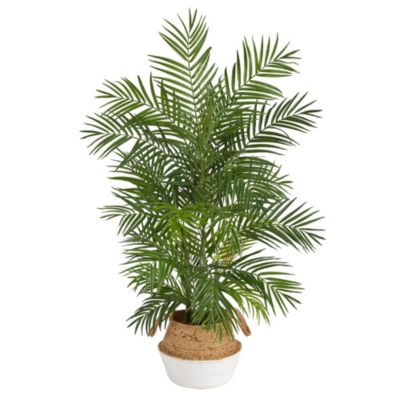 4-Foot Areca Artificial Palm in Boho Chic Handmade Cotton and Jute White Woven Planter