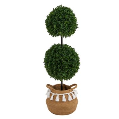 3.5-Foot Boxwood Double Ball Artificial Topiary Tree in Boho Chic Handmade Natural Cotton Woven Planter with Tassels UV Resistant (Indoor/Outdoor)