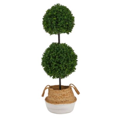 3.5-Foot Boxwood Double Ball Artificial Topiary Tree in Boho Chic Handmade Cotton and Jute Woven Planter UV Resistant (Indoor/Outdoor