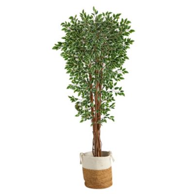 70-Inch Variegated Ficus Artificial Tree in Handmade Natural Jute and Cotton Planter UV Resistant (Indoor/Outdoor)