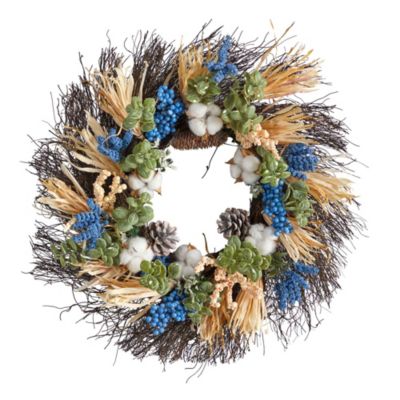 22-Inch Autumn Cotton, Eucalyptus, Berries and Pinecones Artificial Fall Wreath