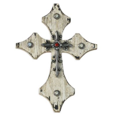 Cream Distressed Wooden Cross Wall Décor with Silver Accent