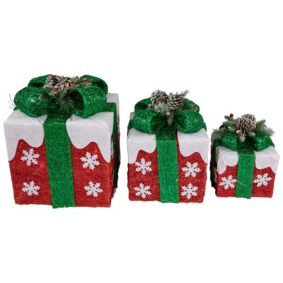 Set of 3 Lighted Red with White Snowflakes Gift Boxes Christmas Decorations