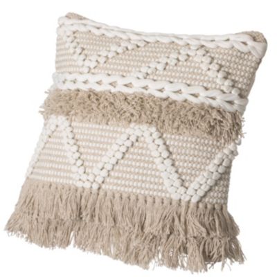 16" Handwoven Cotton Throw Pillow Cover with White Dot Pattern and Natural Tassel Fringe Lines, Natural