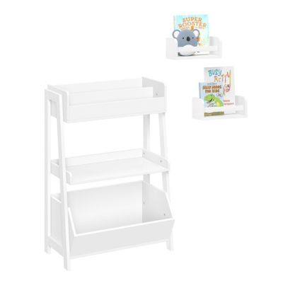 Kids 3-Tier Ladder Shelf with Bookrack, Toy Organizer and 2 Bonus 10" Floating Bookshelves - White