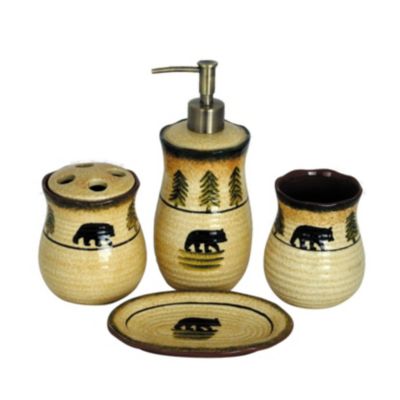 Rustic Bear Ceramic Forest Countertop Bathroom Set