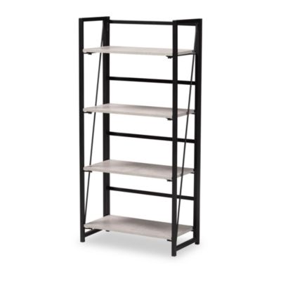 Lakota Modern Industrial Light Grey Finished Wood and Black Metal 4-Tier Display Shelf