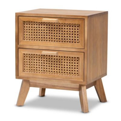 Baden Mid-Century Modern Walnut Brown Finished Wood -Drawer End Table with Rattan