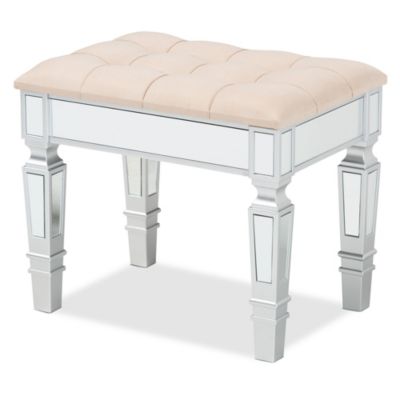 Hedia Contemporary Glam and Luxe Beige Fabric Upholstered and Silver Finished Wood Ottoman