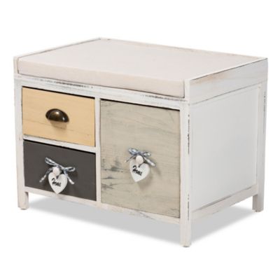 Jacoby Modern Transitional Beige Fabric Upholstered and Multi-Colored Wood 3-Drawer Storage Trunks and Benches