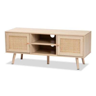 Sebille Mid-Century Modern Light Brown Finished Wood 2-Door TV Stand with Natural Rattan