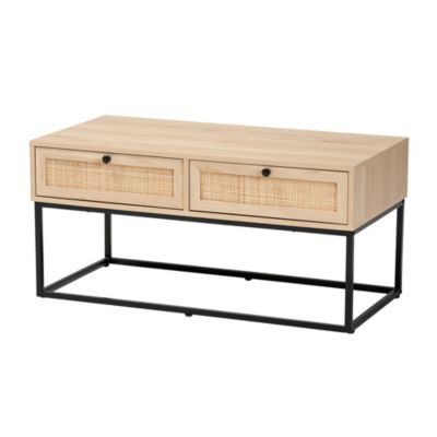 Amelia Mid-Century Modern Transitional Natural Brown Finished Wood and Natural Rattan 2-Drawer Coffee Table