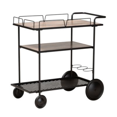 Huntley Modern Industrial Walnut Brown Finished Wood and Black Metal Mobile Wine Cart