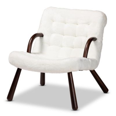 Eisa Modern and Contemporary White Sherpa Upholstered and Walnut Brown Finished Wood Accent Chair