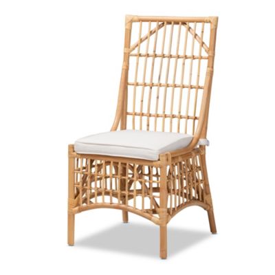 Rose Modern Bohemian White Fabric Upholstered and Natural Brown Rattan Dining Chairs