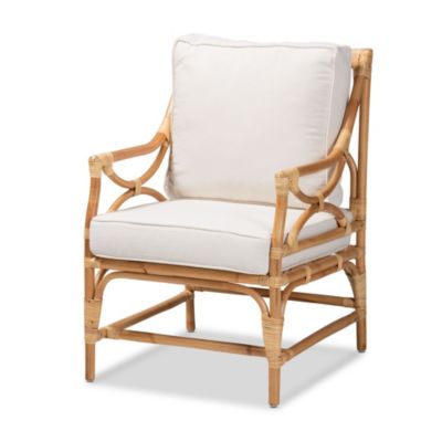 Brandon Modern Bohemian White Fabric Upholstered and Natural Brown Rattan Armchair