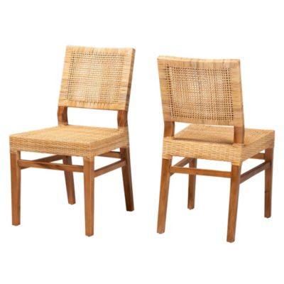 Lesia Modern Bohemian Natural Brown Rattan and Walnut Brown Mahogany Wood Dining Chairs