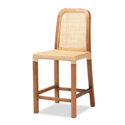 Caspia Mid-Century Modern Walnut Brown Mahogany Wood and Natural Rattan Counter Stool