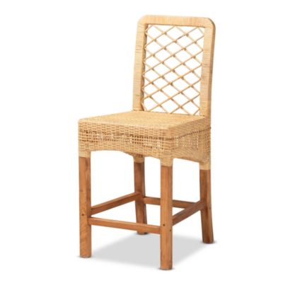 Moscow Modern Bohemian Natural Brown Rattan and Walnut Brown Mahogany Wood Counter Stool