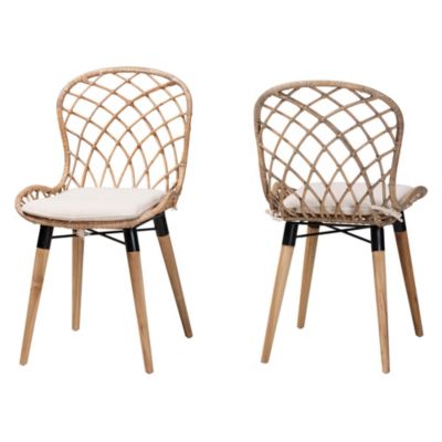 Sabelle Modern Bohemian Natural Brown Finished Teak Wood and Greywashed Rattan 2-Piece Dining Chair Set