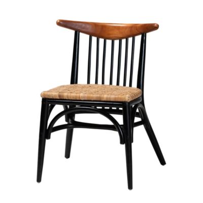 Parthenia Mid-Century Modern Two-Tone Black and Walnut Brown Finished Mahogany Wood and Natural Rattan Dining Chairs