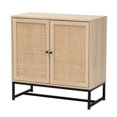 Caterina Mid-Century Modern Transitional Natural Brown Finished Wood and Natural Rattan 2-Door Storage Cabinet