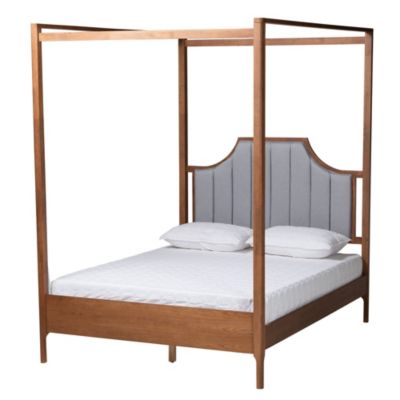 Dakota Classic and Traditional Light Grey Fabric and Ash Walnut Finished Wood Queen Size Platform Canopy Bed