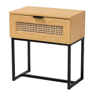 Sawyer Mid-Century Modern Industrial Oak Brown Finished Wood and Black Metal 1-Drawer End Table with Natural Rattan