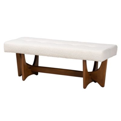 Theo Japandi Cream Boucle Fabric and Walnut Brown Finished Wood Bench