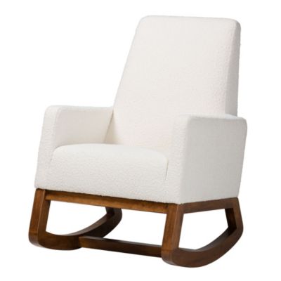 Yashiya Mid-Century Modern Off-White Boucle Upholstered and Walnut Brown Finished Wood Rocking Chair