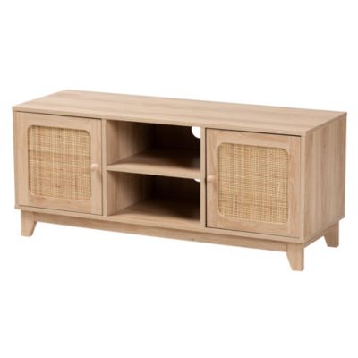 Elsbeth Mid-Century Modern Light Brown Finished Wood and Natural Rattan 2-Door TV Stand