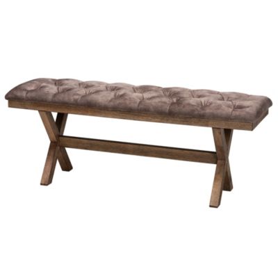Cherene Modern Farmhouse Chocolate Velvet Fabric and Rustic Brown Finished Wood Bench