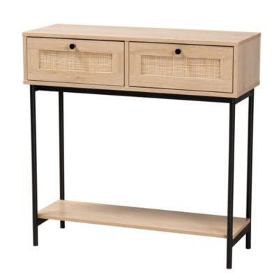 Sherwin Mid-Century Modern Light Brown  and Black 2-Drawer Console Table with Woven Rattan Accent