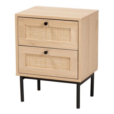 Sherwin Mid-Century Modern Light Brown and Black -Drawer End Table with Woven Rattan Accent