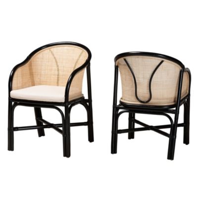 Miranda Modern Bohemian Two-Tone Black and Natural Brown Rattan 2-Piece Dining Chair Set