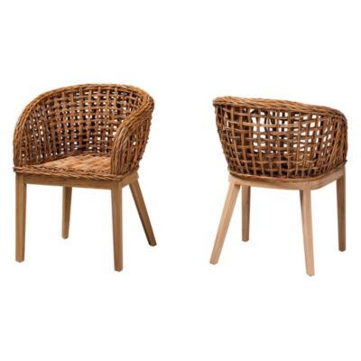 Mario Modern Bohemian Natural Brown Finished Teak Wood and Rattan 2-Piece Dining Chair Set