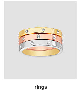 Gold, rose gold and silver rings with small diamonds around the band. Rings. 