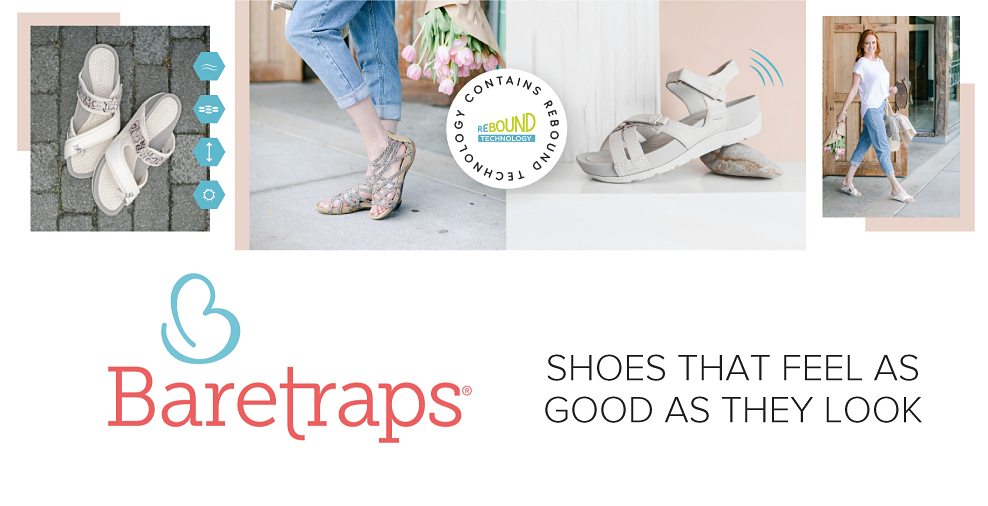 Image of taupe comfort sandals Contains rebound technology Image of woman with jeans and gladiator style sandals Baretraps logo Shoes that feel as good as they look