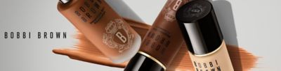 An image featuring foundation bottles in different shades. The Bobbi Brown logo.