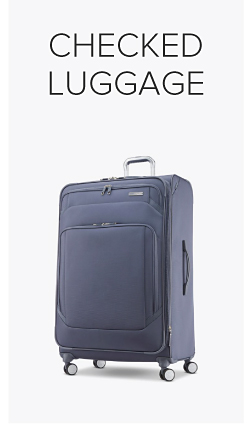 A navy rolling suitcase. Shop checked luggage.