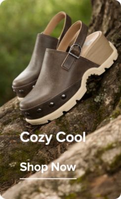 A pair of clogs sitting on a tree. Cozy Cool. Shop now.