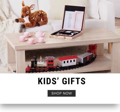 A plush reindeer, an art set, a tea party set & a train set. Kids Gifting. Shop now.
