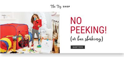 A boy sitting in a red, blue & yellow play house. A girl playing with a toy microphone. There's an easel & a toy construction set next to them. The Toy Shop. No Peeking or Box Shaking. Shop toys.