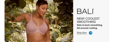 Image of woman in bra. Bali logo . NEW! COOLEST SMOOTHING. Side & back smoothing. All-around cooling.