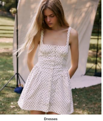 Image of a woman wearing a polka dot dress. Dresses. 