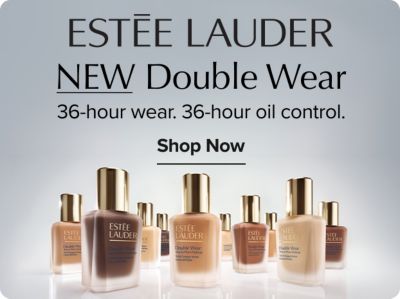 Estee Lauder. New double wear. 36hr wear. 36hr oil control. Shop now. An image of different shades of foundation.