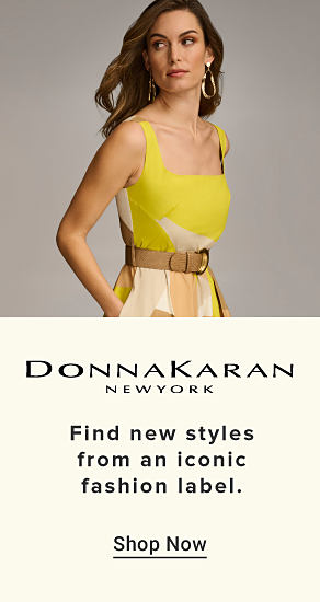 An image of two women wearing Donna Karan apparel. The Donna Karan New York logo. Find new styles from an iconic fashion label. Shop now.