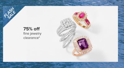 75% off fine jewelry clearance. Image of various rings.